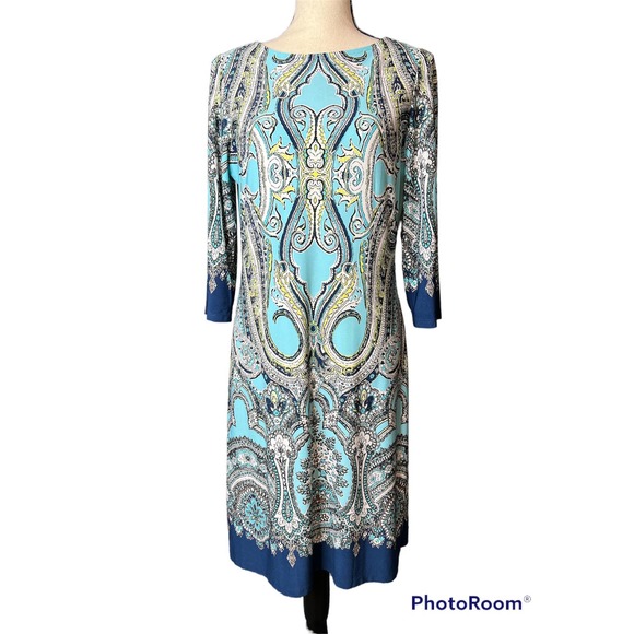 London Times Sheath Dress in Blue and Multicolored Abstract Print Size 10 - Picture 1 of 4